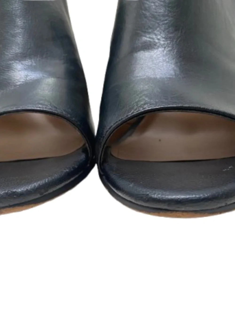 Franco Sarto Black Leather Peep Toe Block Heel Mules